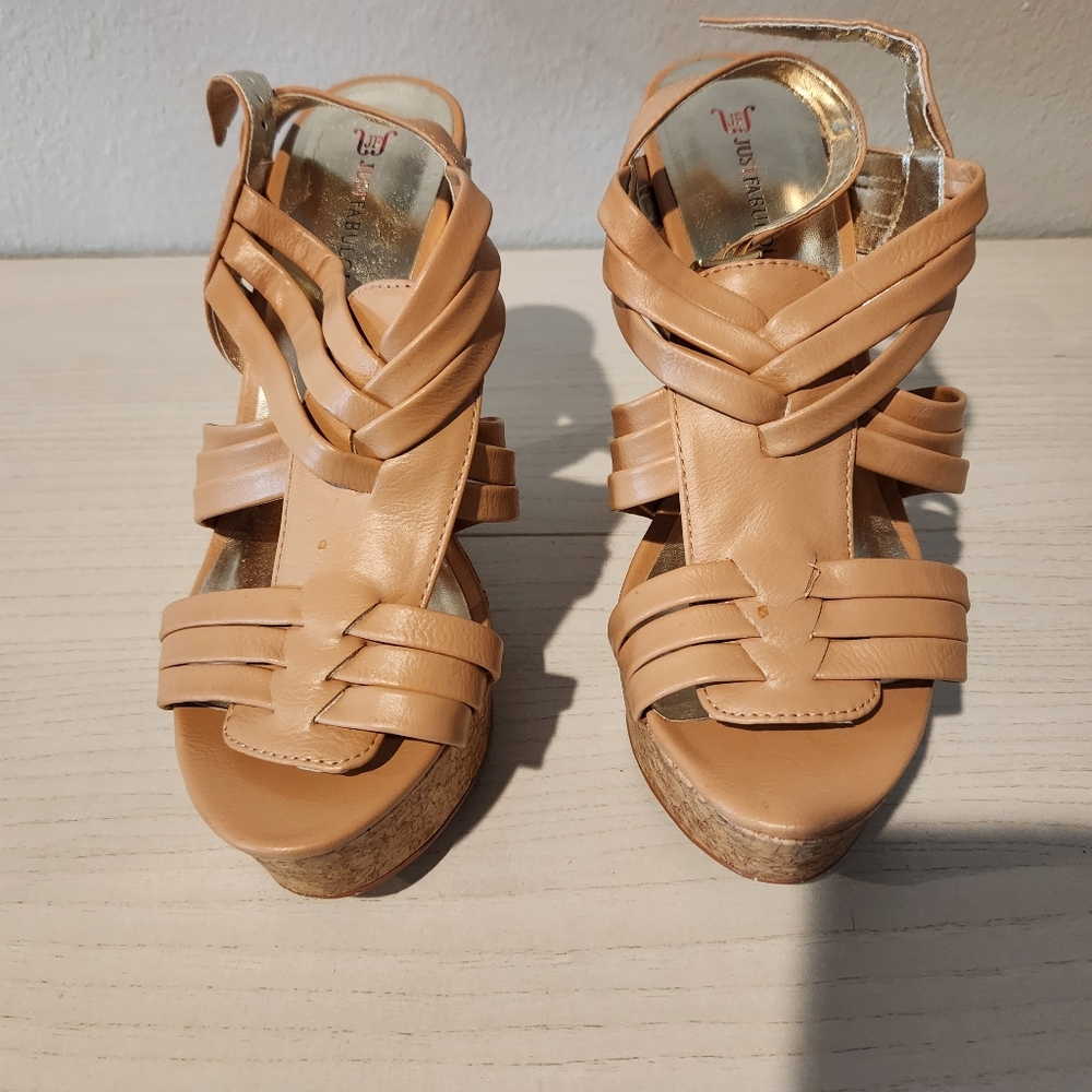 Size 9 Tan sandal 3 1/2 inch high cork wedge heel